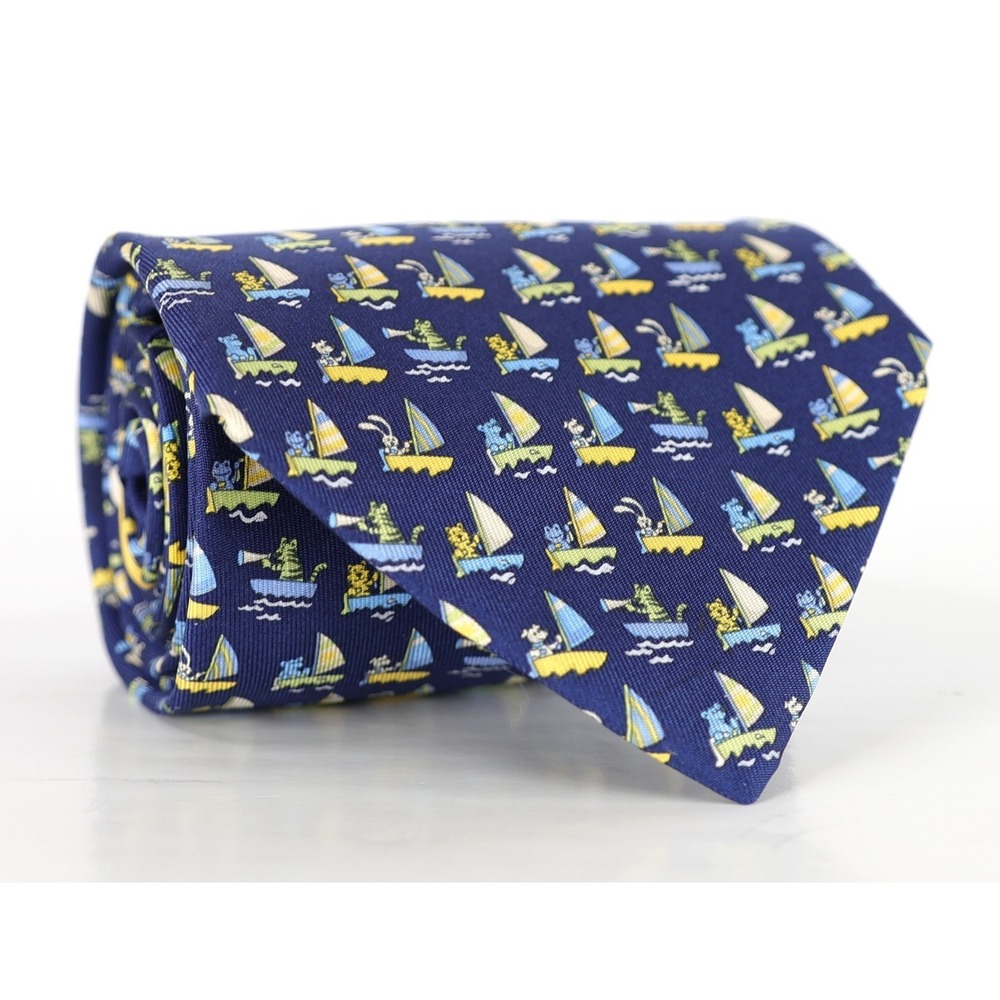 Salvatore Ferragamo Silk Neck Tie Blue Animals on Sailboats Novelty Italy 4"